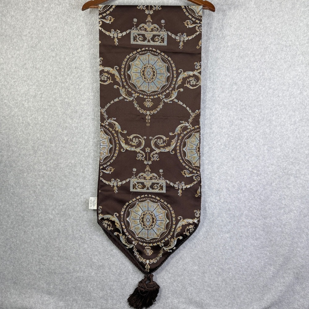 CASA Table Runner 72"x14"  Brown Good Jacquard Tapestry Tassels Medallion